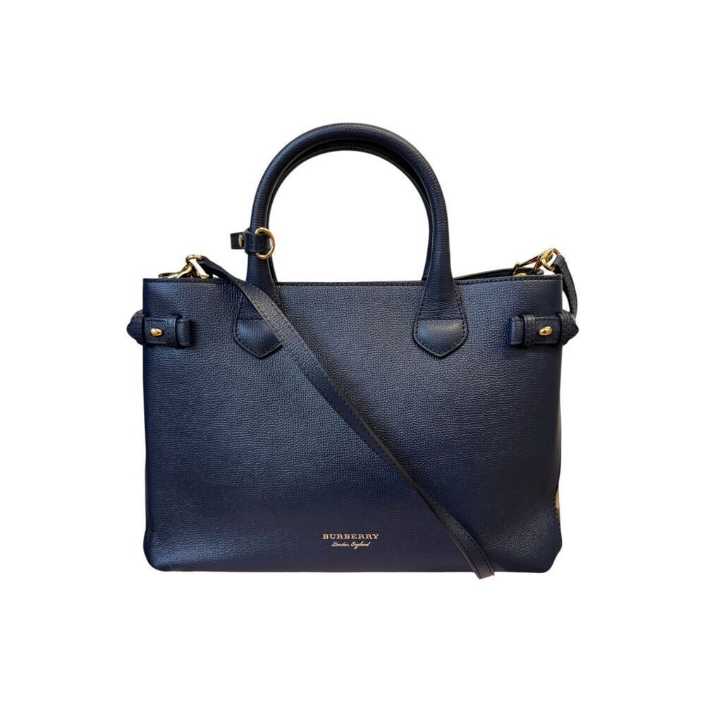 Burberry Navy Blue Saffiano Pebbled Leather Nova Check 2way Banner Satchel Ex+